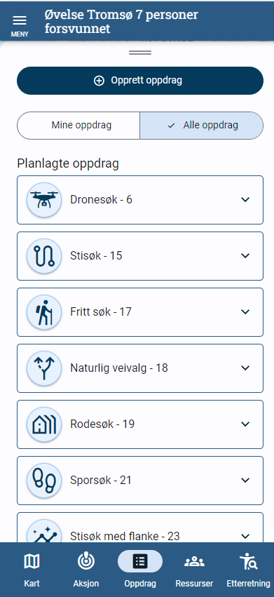 Bildeutsnitt fra mobil. Liste som viser planlagte oppdrag, slik det skal vises i det nye verktøyet.