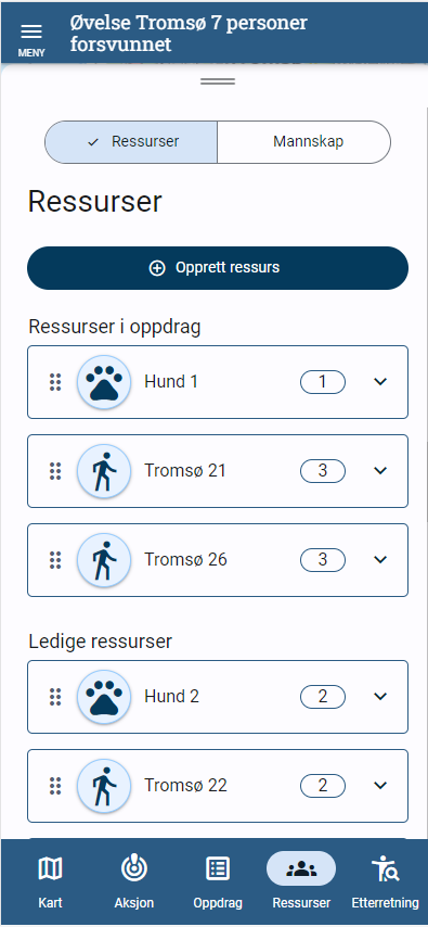 Bildeutsnitt fra mobil. Liste som viser ressurser i oppdrag, slik det skal vises i det nye verktøyet.