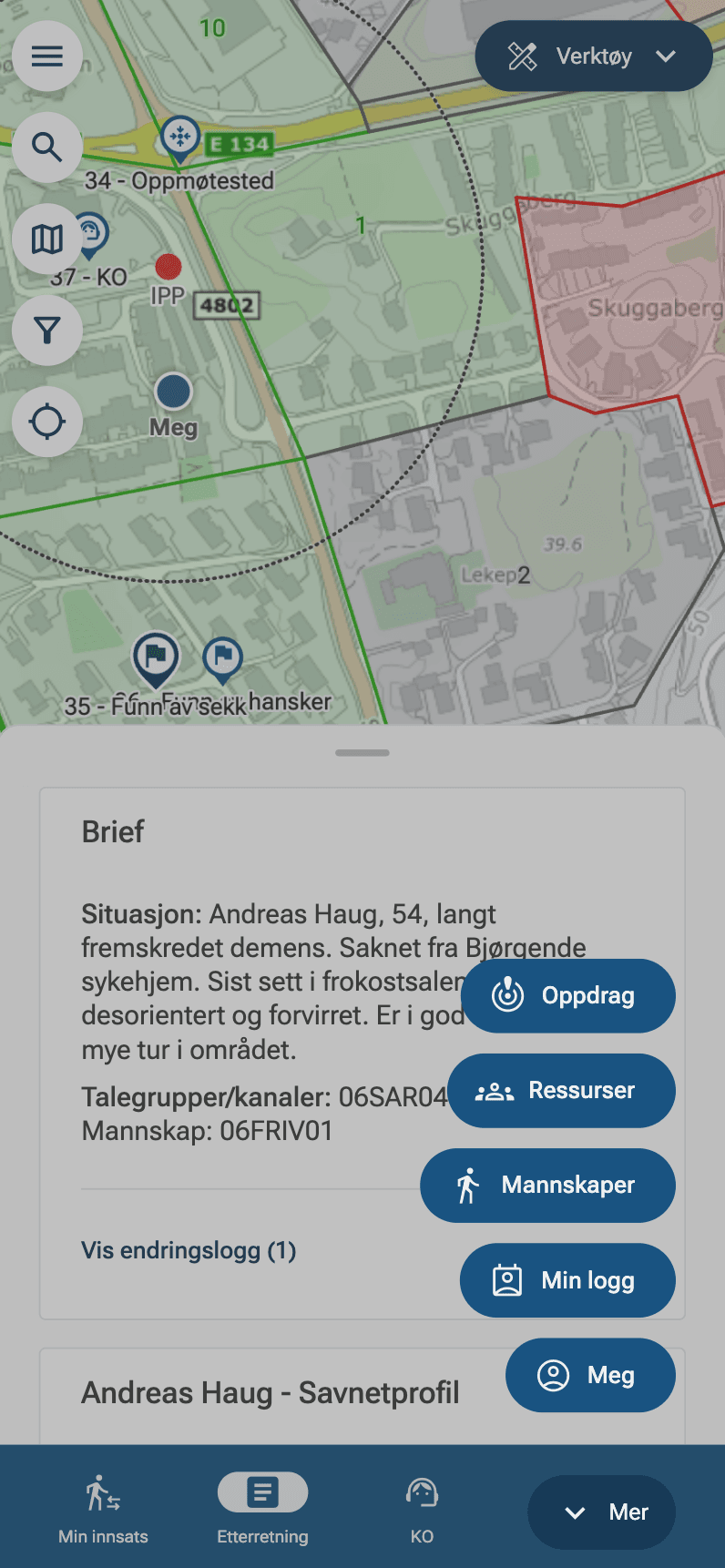 Skjermdump av aksjonsstøtteverktøy