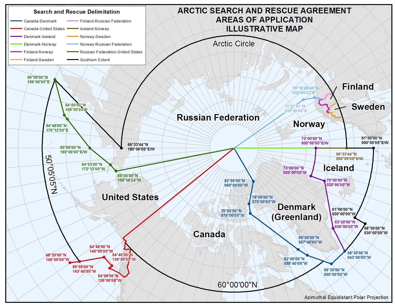 Illustrative map of the Arctic SAR agreement areas of application