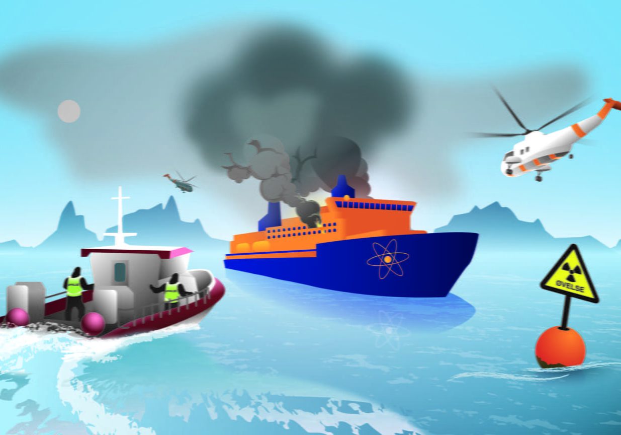 Tegnet illustrasjon av båt i brann på havet, der redningshelikopter og redningnsskøyte er på vei for å hjelpe